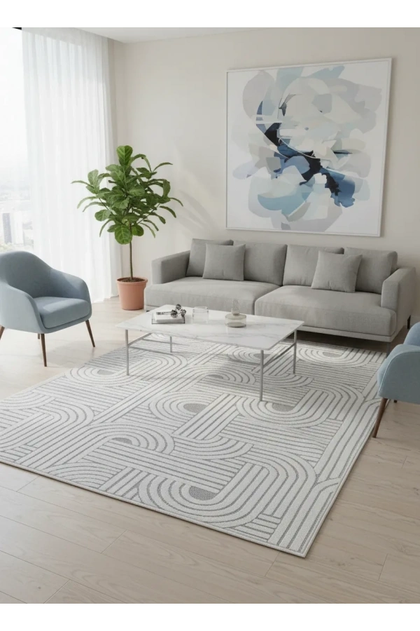 Excellence Level EN270P Gri Labirent Kıvrım Desen Salon Halısı 150x220 — Modern Saçaklı