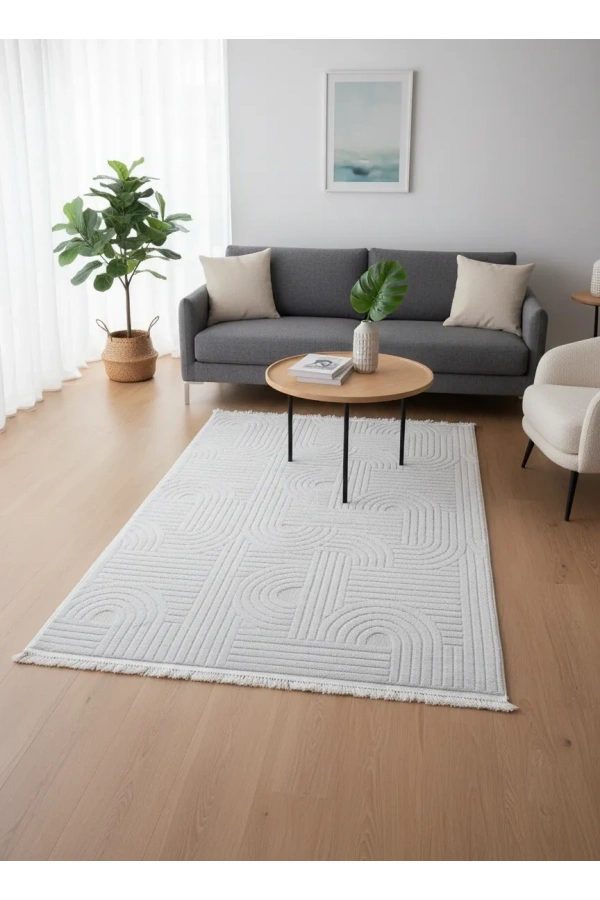 Excellence Level EN270P Bej Labirent Kıvrım Desen Salon Halısı 150x220 — Peluş Saçaklı