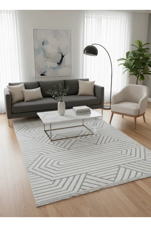 Excellence Level EN140P Gri Geometrik Çerçeveli Salon Halısı 150x220 - Modern Saçaklı