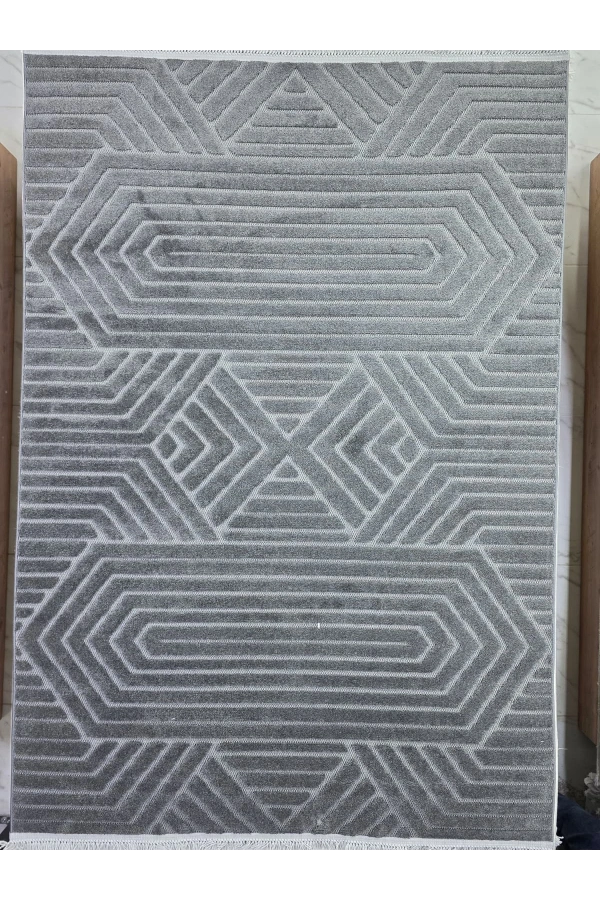 Excellence Level EN140P Antrasit Geometrik Salon Halısı 150x220 - Çerçeveli Desen Saçaklı