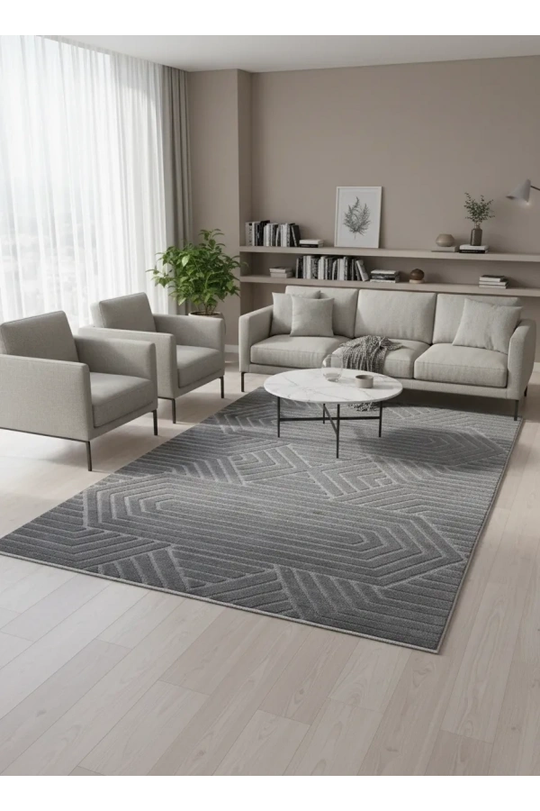 Excellence Level EN140P Antrasit Geometrik Salon Halısı 150x220 - Çerçeveli Desen Saçaklı