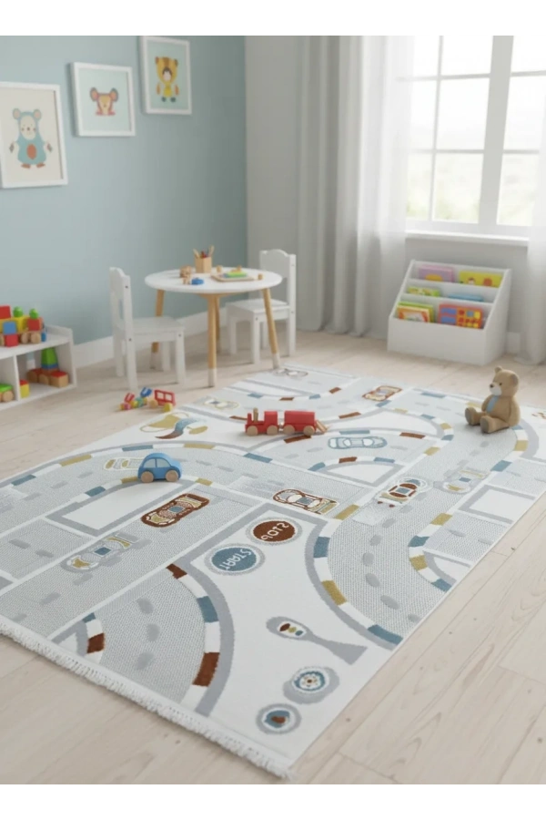 Excellence Kids EN134P Araba Pisti Desenli Erkek Çocuk Halısı 150x220 - Yarış Yolu