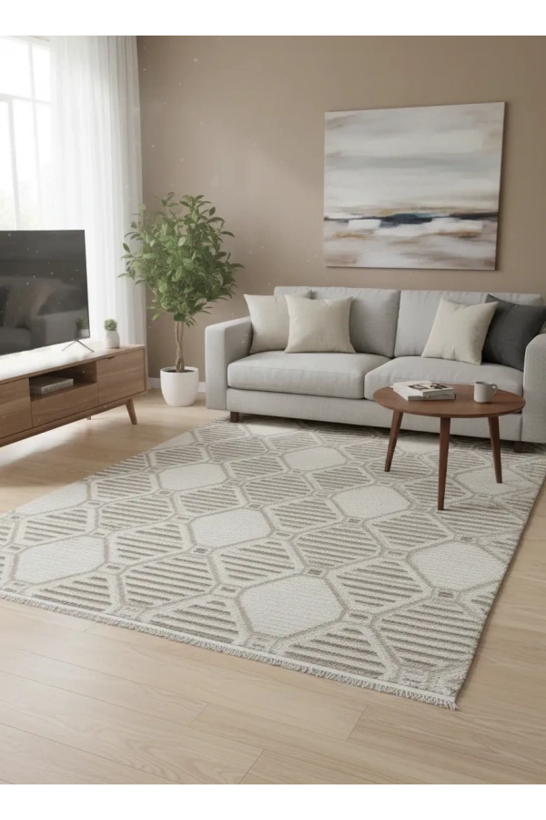 Excellence Golf GF718 Krem Vizon Petek Desen Salon Halısı 150x220 - Altıgen Motif Saçaklı