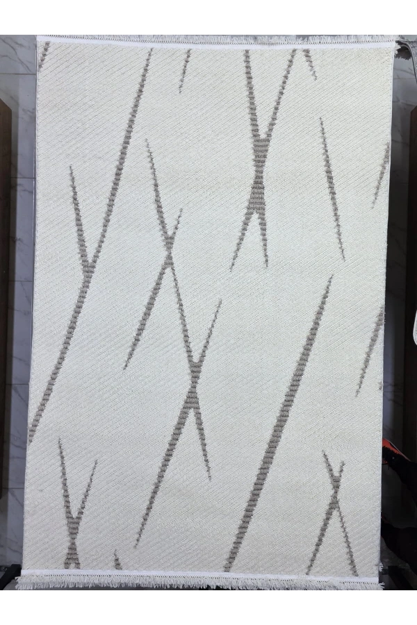 Excellence Golf GF709 Krem Vizon Çapraz Desen Salon Halısı 150x220 - Seyrek Motif Saçaklı