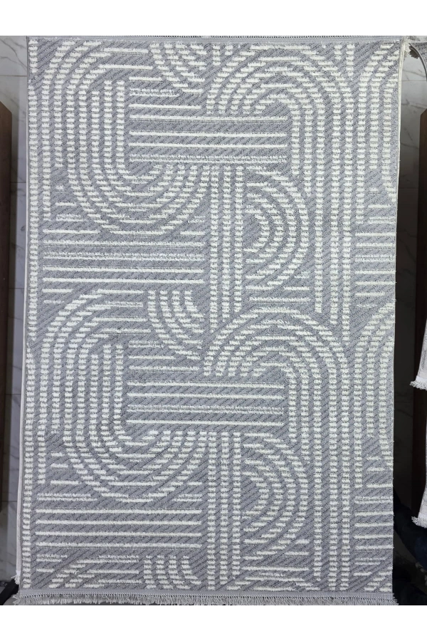 Excellence Golf GF705 Açık Gri Soyut Kıvrım Desen Salon Halısı 150x220 - Saçaklı