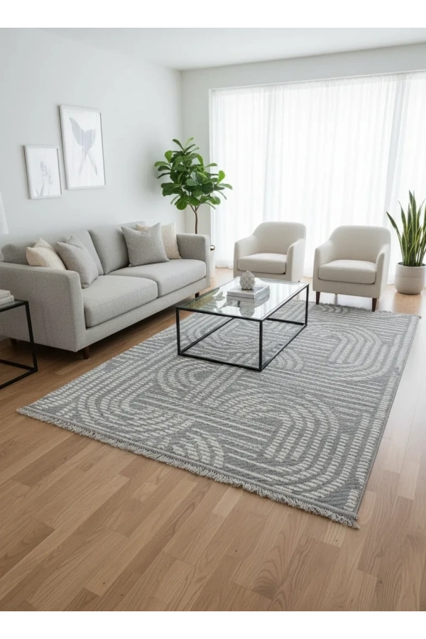 Excellence Golf GF705 Açık Gri Soyut Kıvrım Desen Salon Halısı 150x220 - Saçaklı