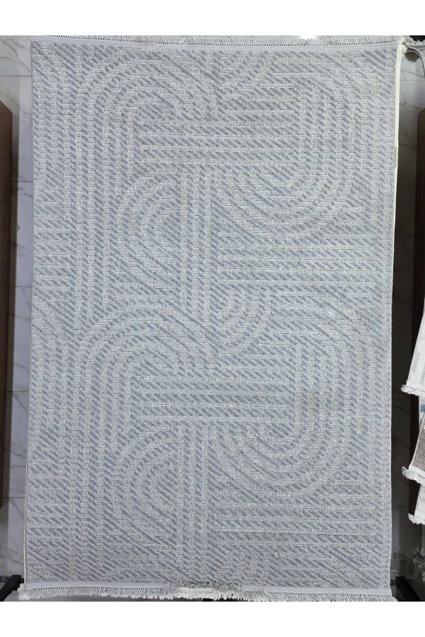 Excellence Golf GF705 Gri Soyut Geometrik Salon Halısı 150x220 - Peluşumsu Saçaklı