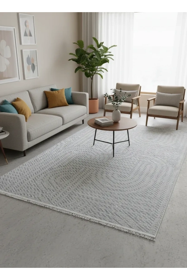 Excellence Golf GF705 Gri Soyut Geometrik Salon Halısı 150x220 - Peluşumsu Saçaklı