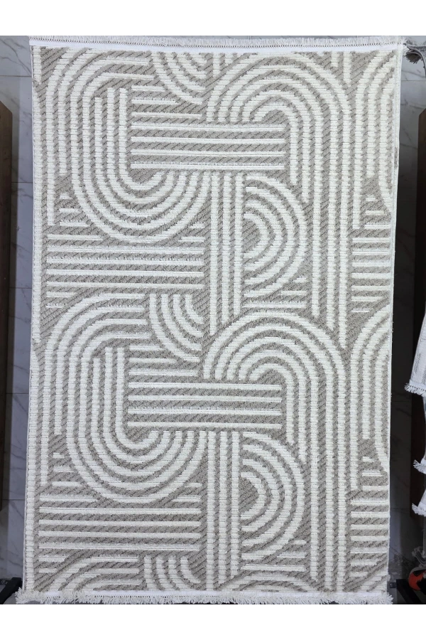 Excellence Golf GF705 Krem Vizon Soyut Modern Salon Halısı 150x220 - Kıvrım Desen