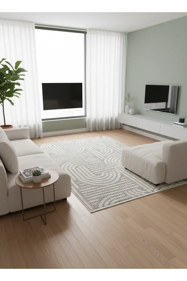 Excellence Golf GF705 Krem Vizon Soyut Modern Salon Halısı 150x220 - Kıvrım Desen