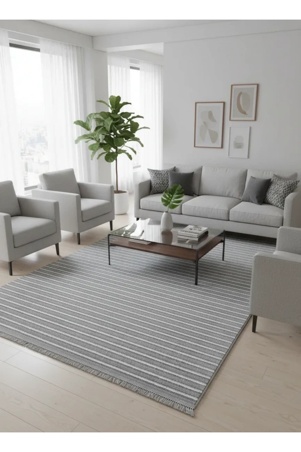 Excellence Golf GF4 Açık Gri Çizgili Salon Halısı 150x220 - Kadifemsi Modern Saçaklı