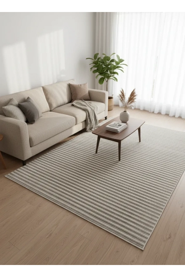 Excellence Golf GF3 Krem Vizon Çizgili Salon Halısı 150x220 - Kadifemsi Dokulu Saçaklı