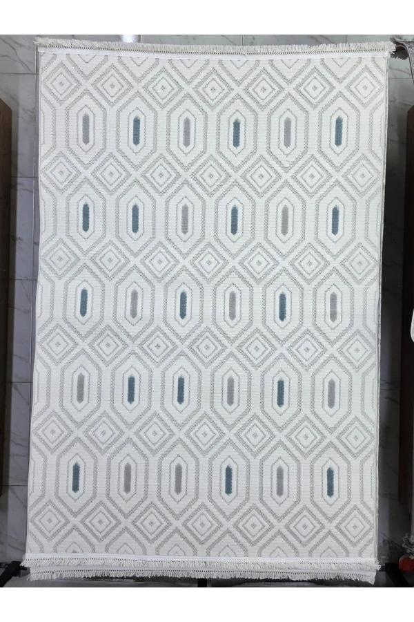Excellence Level EN262P Krem Mavi Geometrik Salon Halısı 150x220 - Altıgen Desen