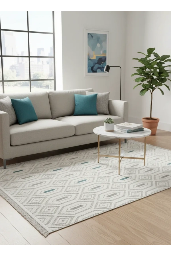 Excellence Level EN262P Krem Mavi Geometrik Salon Halısı 150x220 - Altıgen Desen