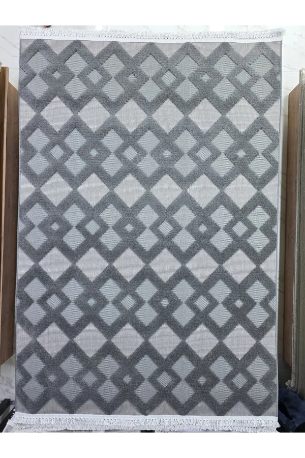 Excellence Level EN261P Antrasit Geometrik Salon Halısı 150x220 - Elmas Desen Saçaklı