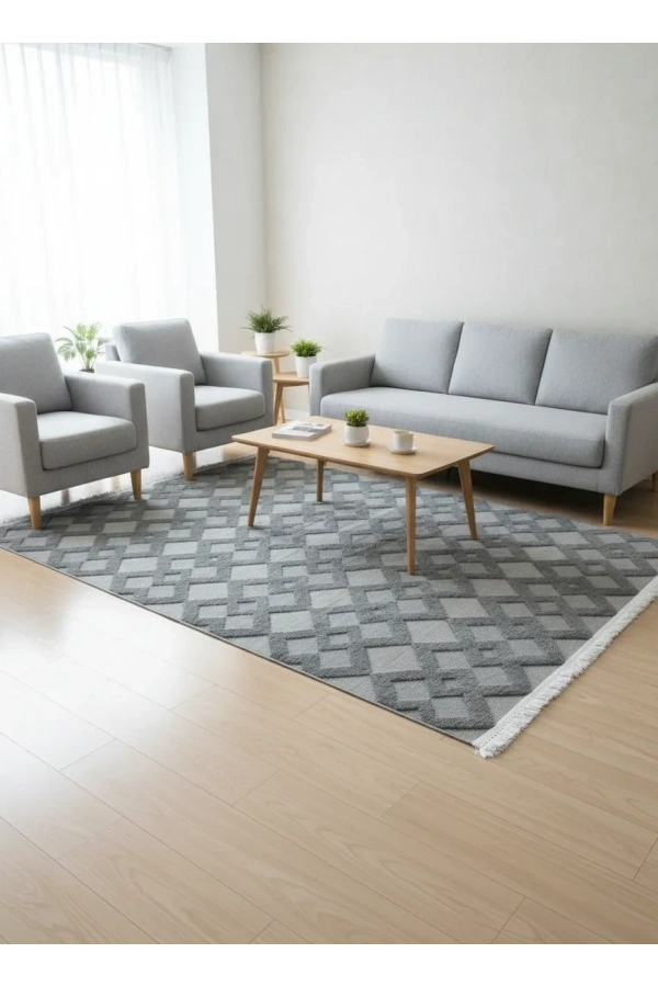 Excellence Level EN261P Antrasit Geometrik Salon Halısı 150x220 - Elmas Desen Saçaklı