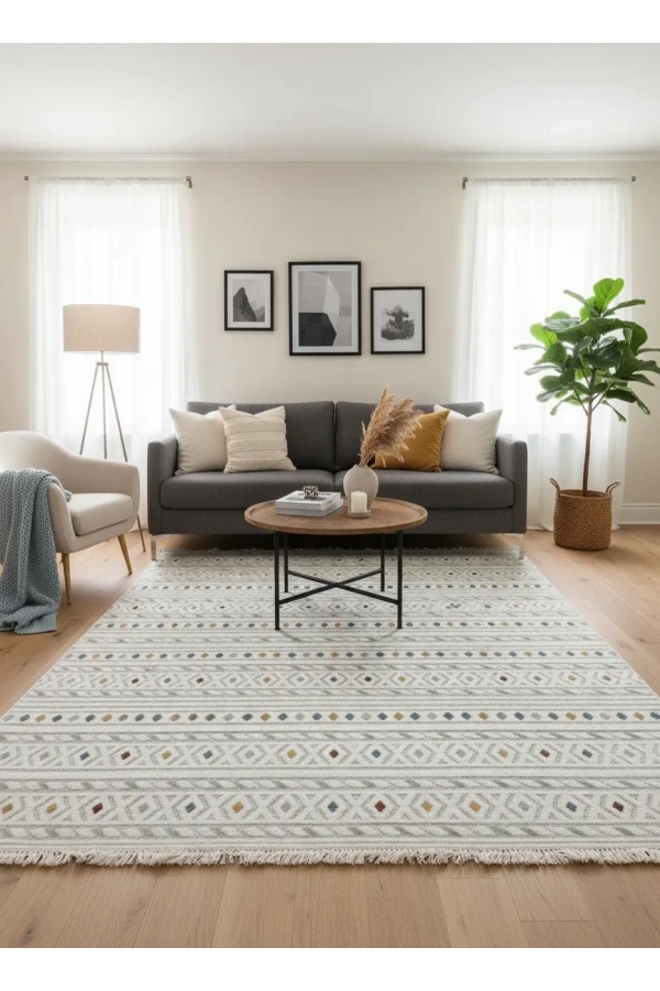 Excellence Level EN230P Çok Renkli Bohem Halı 150x220 - Elmas Desen Saçaklı