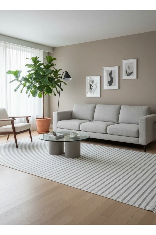 Excellence Level EN207P Gri Çizgili Salon Halısı 150x220 - Modern Skandinav Saçaklı