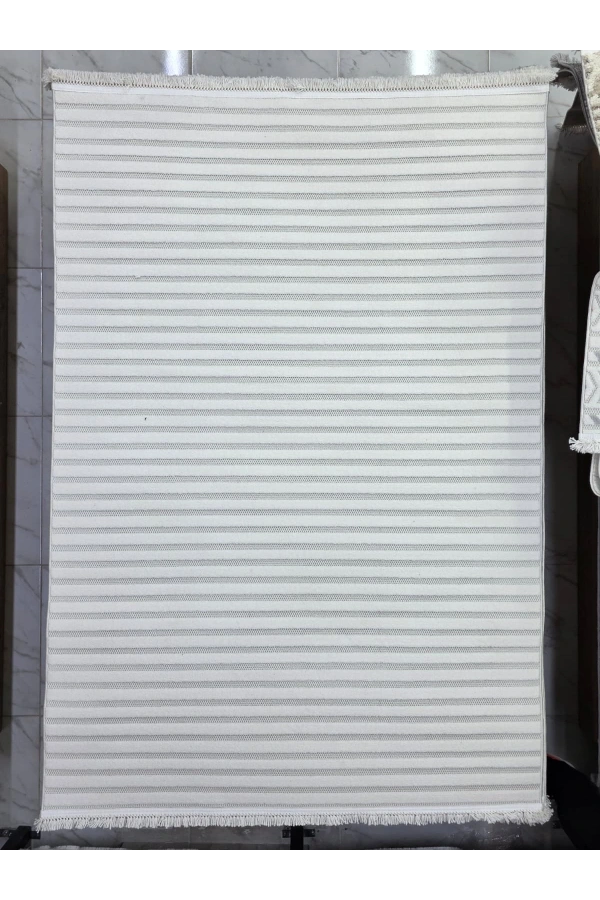 Excellence Level EN207P Krem Çizgili Salon Halısı 150x220 - Sade Modern Saçaklı