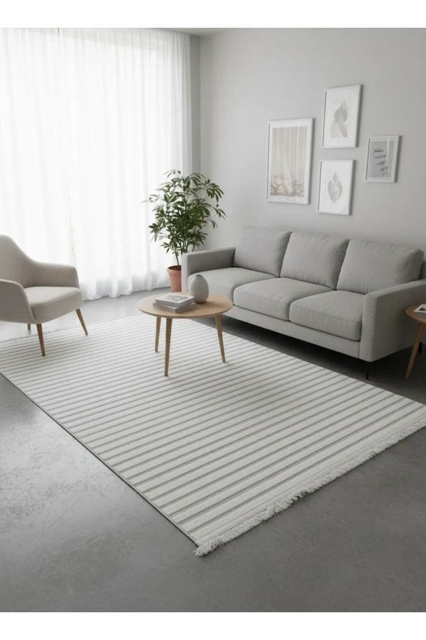 Excellence Level EN207P Krem Çizgili Salon Halısı 150x220 - Sade Modern Saçaklı