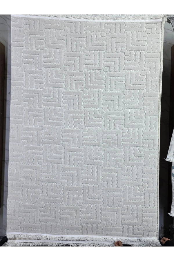 Excellence Level EN204P Bej Geometrik Salon Halısı 150x220 - Saçaklı Kaymaz Tabanlı