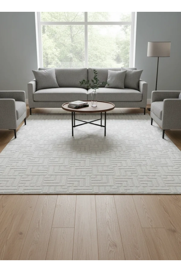 Excellence Level EN204P Bej Geometrik Salon Halısı 150x220 - Saçaklı Kaymaz Tabanlı