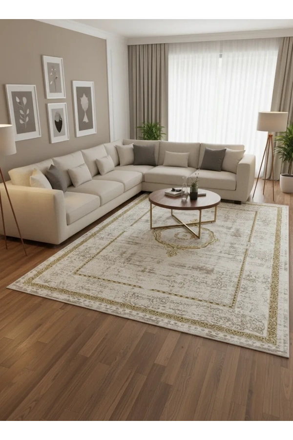 Çapan Armoni H7252A Beyaz Gold Madalyon Eskitme Salon Halısı 160x230 — Altın Bordür Flosh Saçaklı