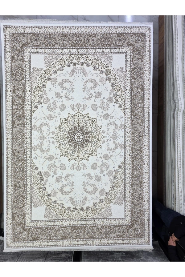 Çapan Armoni H7248A Beyaz Vizon Yoğun Arabesk Klasik Salon Halısı 160x230 — İran Stili Flosh Saçaklı