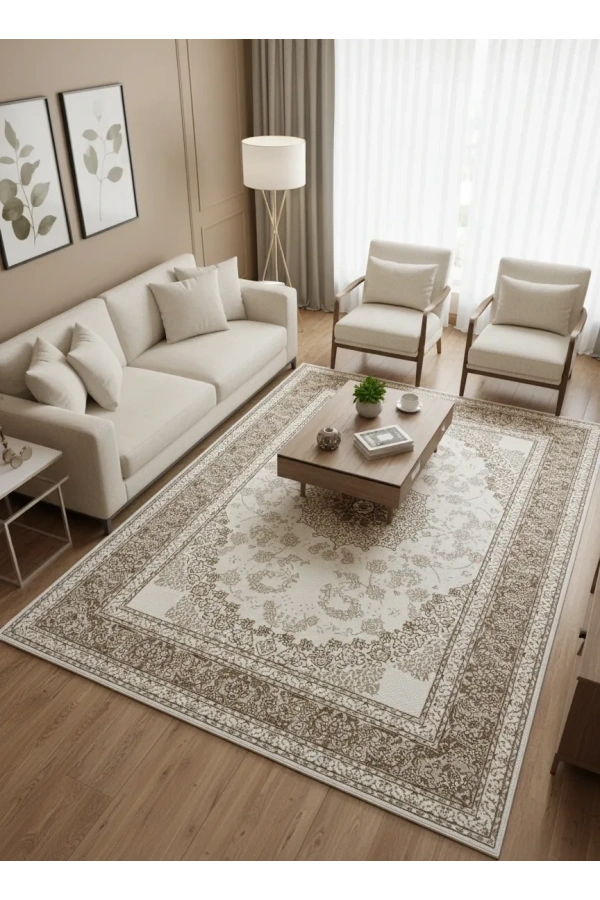 Çapan Armoni H7248A Beyaz Vizon Yoğun Arabesk Klasik Salon Halısı 160x230 — İran Stili Flosh Saçaklı