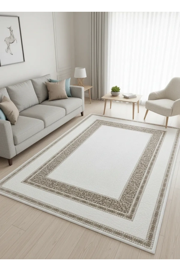 Çapan Armoni H6893A Beyaz Vizon Arabesk Çerçeveli Salon Halısı 160x230 — Flosh Peluş Lüks