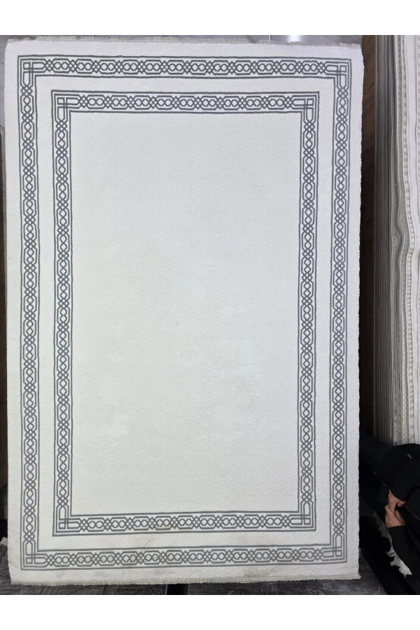 Çapan Armoni H6477A Beyaz Gri Zincir Çerçeveli Sade Salon Halısı 160x230 — Minimal Saçaklı