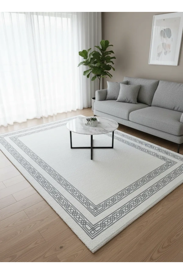 Çapan Armoni H6477A Beyaz Gri Zincir Çerçeveli Sade Salon Halısı 160x230 — Minimal Saçaklı