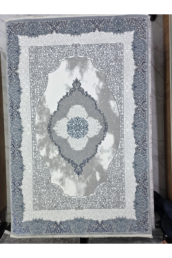 Çapan Armoni H6296A Beyaz Gri Mavi Klasik Madalyon Salon Halısı 160x230 — Osmanlı Saçaklı
