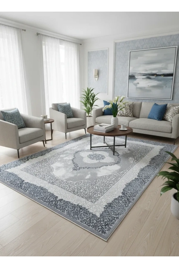 Çapan Armoni H6296A Beyaz Gri Mavi Klasik Madalyon Salon Halısı 160x230 — Osmanlı Saçaklı
