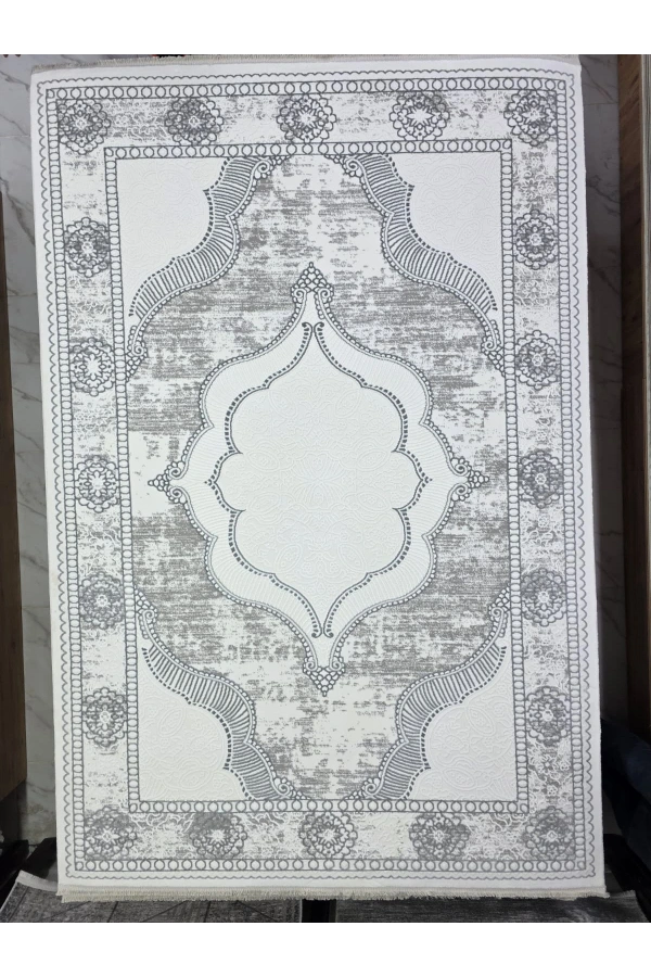 Çapan Armoni H6294A Beyaz Gri Lacivert Madalyon Salon Halısı 160x230 — Flosh Eskitme