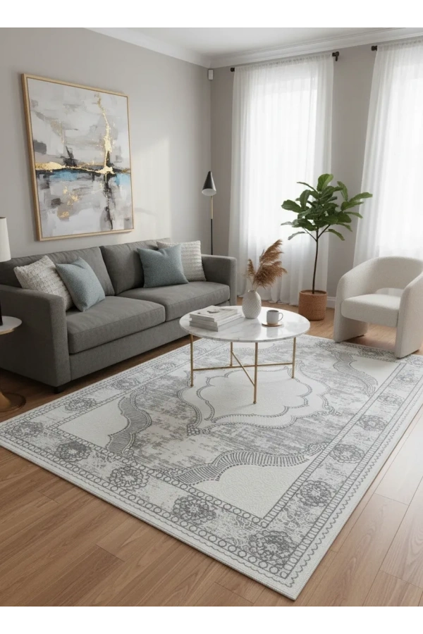 Çapan Armoni H6294A Beyaz Gri Lacivert Madalyon Salon Halısı 160x230 — Flosh Eskitme