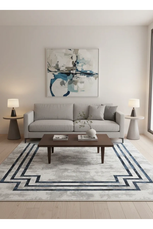Çapan Armoni H5598B Beyaz Lacivert Çerçeveli Soyut Salon Halısı 160x230 — Flosh Peluş