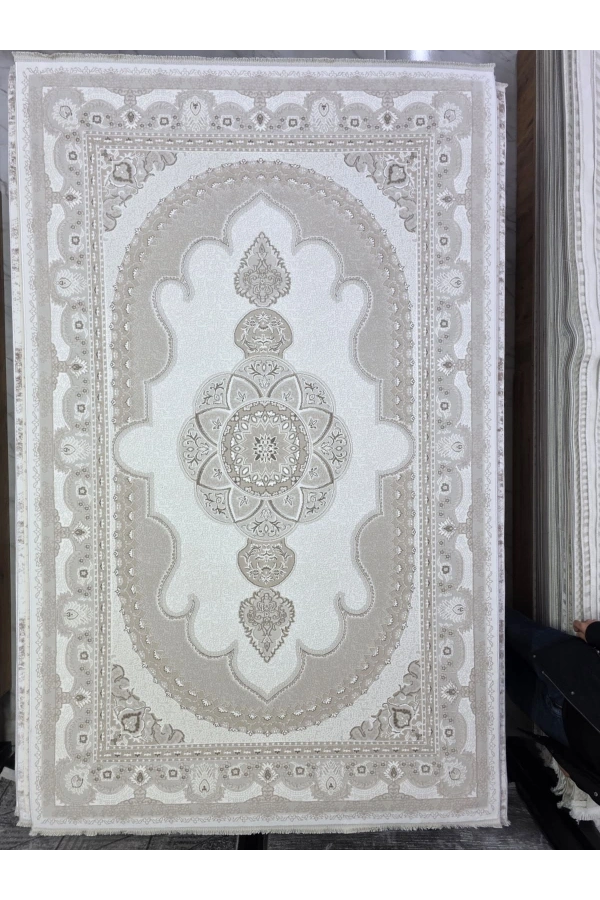 Asaryün Moda H7045 Bej Krem Oval Madalyon Klasik Salon Halısı 150x233 — Çiçekli Bordür