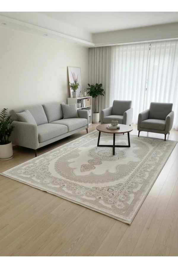 Asaryün Moda H7045 Bej Krem Oval Madalyon Klasik Salon Halısı 150x233 — Çiçekli Bordür