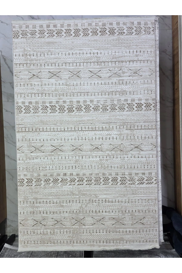 Asaryün Moda H7032 Bej Fas Berber Etnik Şeritli Salon Halısı 150x233 — Bohem Saçaklı