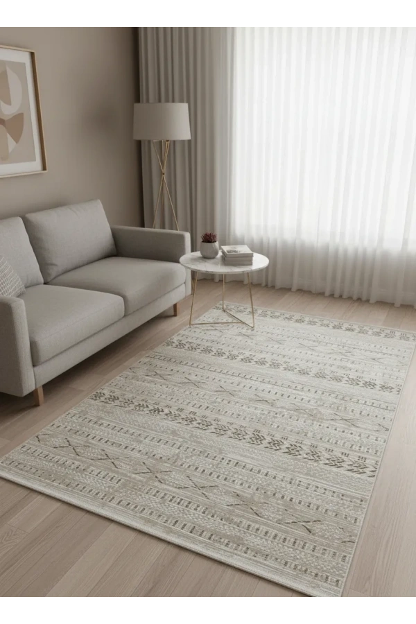 Asaryün Moda H7032 Bej Fas Berber Etnik Şeritli Salon Halısı 150x233 — Bohem Saçaklı