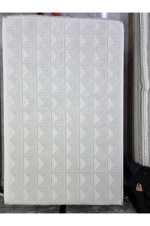 Asaryün Moda H6968 Beyaz İç İçe Kare Geometrik Salon Halısı 150x233 — Ton-on-Ton Kabartma