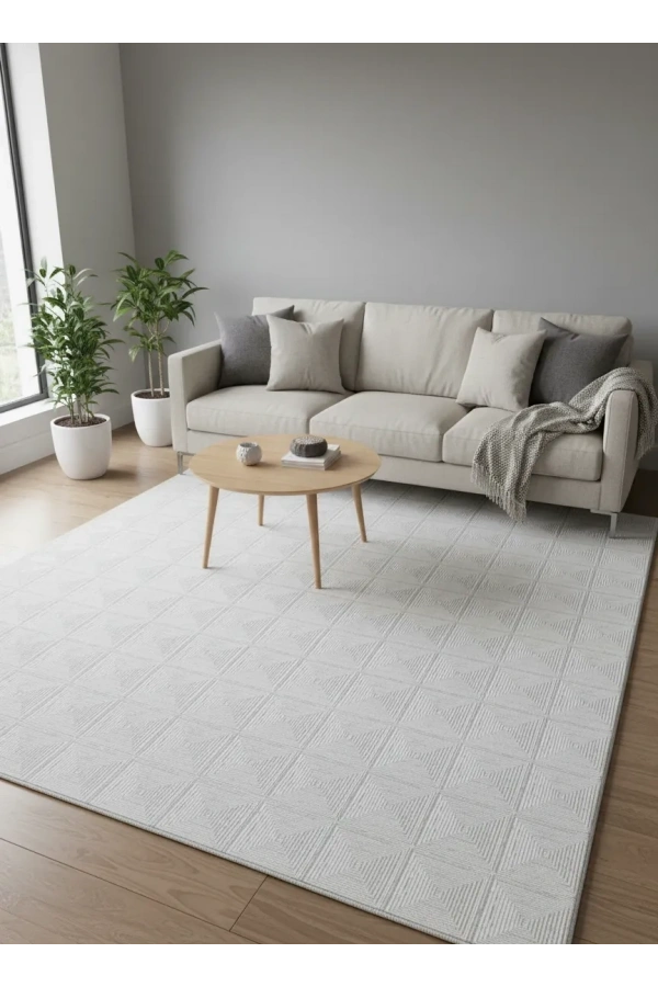 Asaryün Moda H6968 Beyaz İç İçe Kare Geometrik Salon Halısı 150x233 — Ton-on-Ton Kabartma