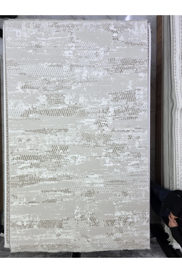 Asaryün Moda H6440 Bej Krem Soyut Eskitme Salon Halısı 150x233 — Organik Desen Saçaklı