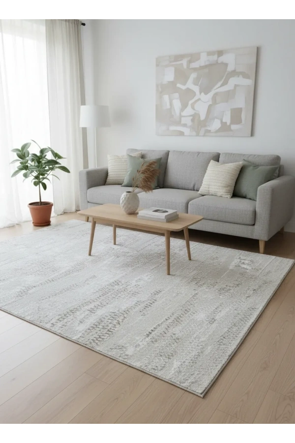 Asaryün Moda H6440 Bej Krem Soyut Eskitme Salon Halısı 150x233 — Organik Desen Saçaklı