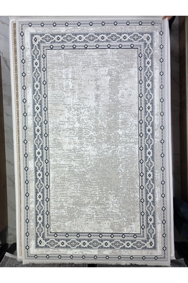 Asaryün Moda H6430 Krem Klasik Madalyon Çerçeveli Salon Halısı 150x233 — Eskitme Saçaklı