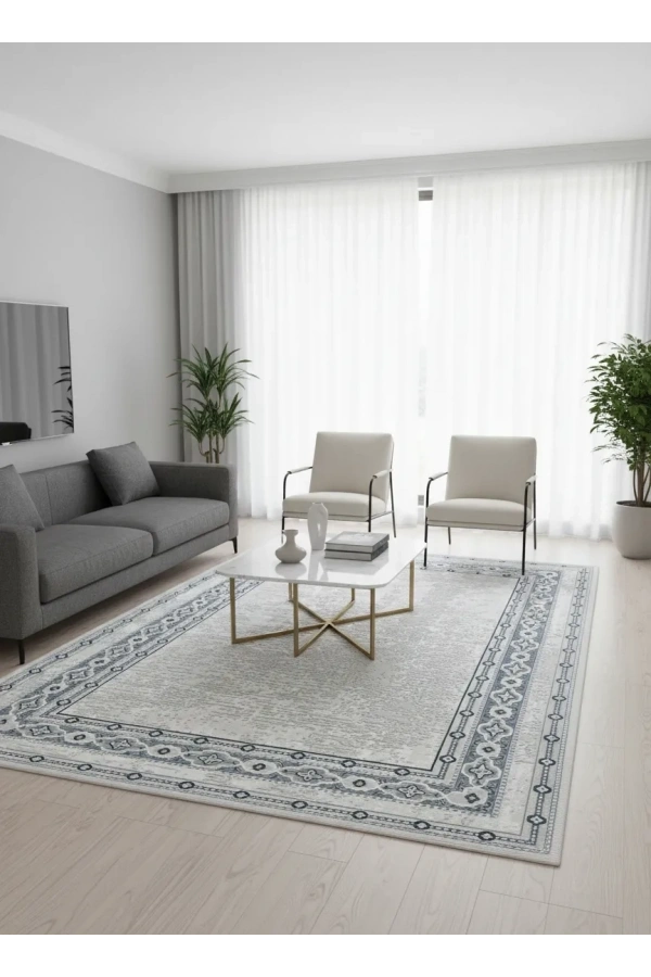 Asaryün Moda H6430 Krem Klasik Madalyon Çerçeveli Salon Halısı 150x233 — Eskitme Saçaklı