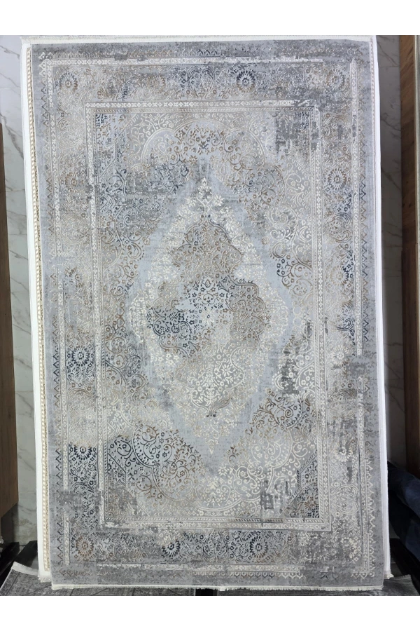 Asaryün Moda H4886 Mavi Gri Çiçekli Klasik Madalyon Salon Halısı 150x233 — Eskitme Saçaklı