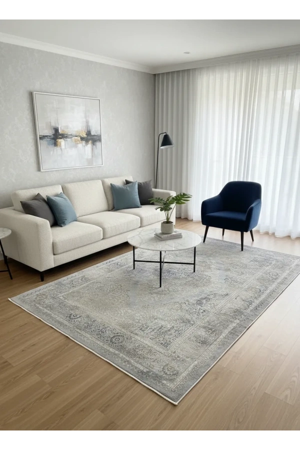 Asaryün Moda H4886 Mavi Gri Çiçekli Klasik Madalyon Salon Halısı 150x233 — Eskitme Saçaklı