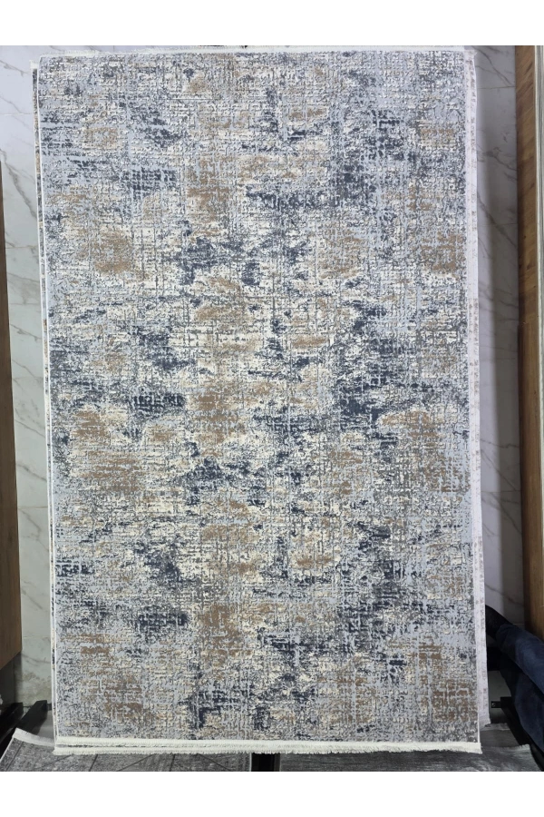 Asaryün Moda H4884 Mavi Gri Soyut Eskitme Grid Salon Halısı 150x233 — Saçaklı